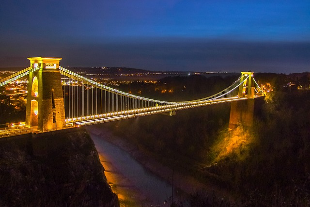 Night aerial view of the Clifton Suspension Bridge, Bristol, England