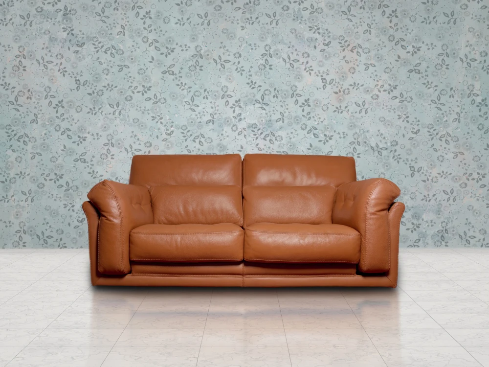 Brown leather sofa in blue room