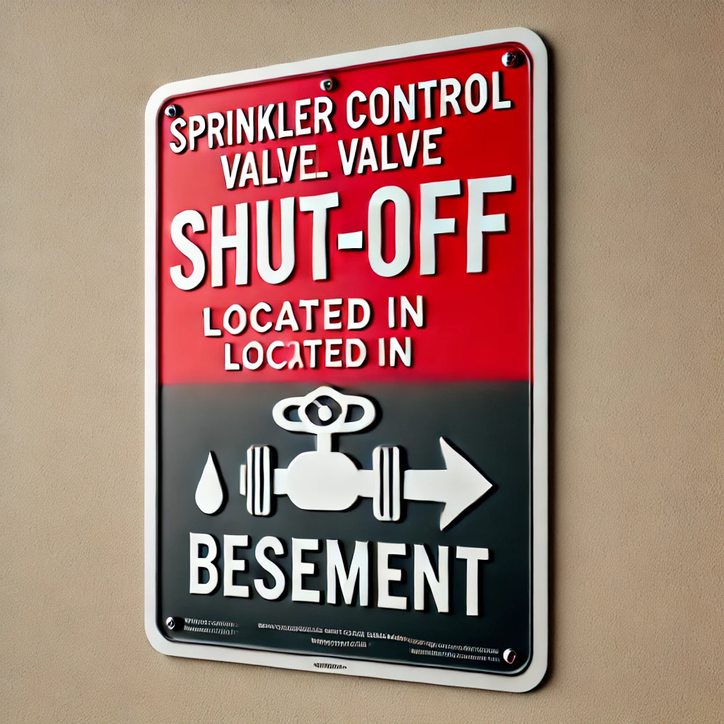 Sprinkler Control Valve Shut Off Located in Basement Sign